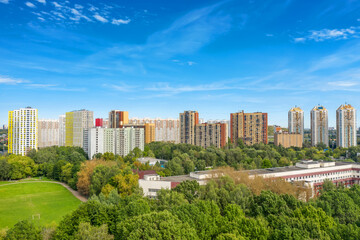 Aerial view of residential buildings in the city of Khimki and the outskirts of Moscow