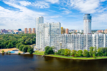 Fototapeta na wymiar Aerial view of residential buildings in the city of Khimki on the bank of the Moscow Canal