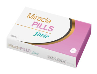 Miracle pills - fake medicine packet, a medical panacea product to promise magically cure, assured health or other wonders concerning healing issues.
