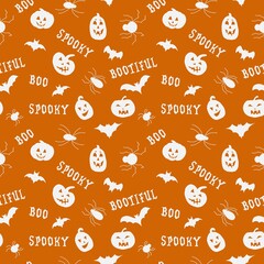 Halloween. Seamless pattern with lettering, pumpkins, bats and spiders.	