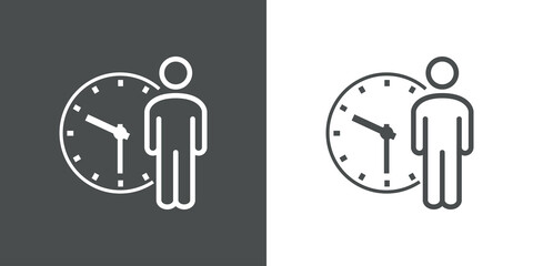 Tiempo de espera. Horario de trabajo. Icono plano lineal hombre con reloj en fondo gris y fondo blanco
