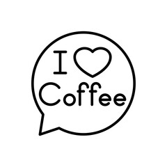 I love coffee. Logotipo con texto y corazón en burbuja de habla en color negro