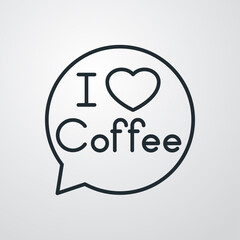 I love coffee. Logotipo con texto y corazón en burbuja de habla en fondo gris