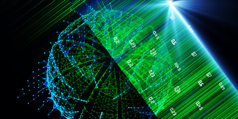 Big data. Abstract background with wireframe sphere and blurred lines.  Polygonal concept for science and technology.  Futuristic  banner with dots and lines combination grid.