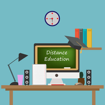 The concept of online education. Home schooling in quarantine. Distance learning on a computer.E-learning platform, flat  illustrations