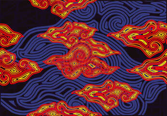 Painting of Indonesian Javanese batik cloth, seamless line pattern, megamendung motif, with various artistic colors
