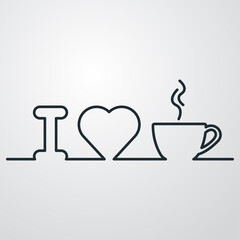 I love coffee. Logotipo línea continua con letra i corazón y taza de café con humo en fondo gris - obrazy, fototapety, plakaty