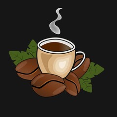 Coffeehouse label, beans, green plant.