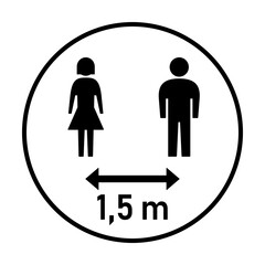 Keep Your Distance 1,5 m or 1,5 Metres Round Social Distancing Instruction Sticker Icon with Male and Female Figures. Vector Image.