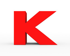 Letter K - red futuristic 3d font standing isolated on white background