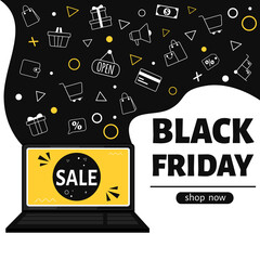 Black friday banner. Online shopping with laptop. Vector illustration in flat style.