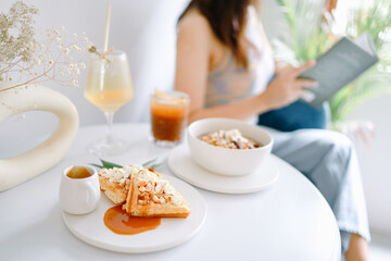 Healthy breakfast bowl Yogurt granola vegetarian food concept