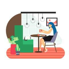 8 March, Womens Day. Happy woman enjoying her day off, having breakfast at home, flat vector illustration.