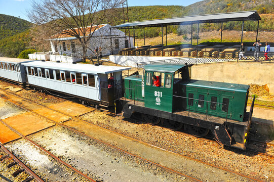 Tourist train on a tour of the Rio Tinto mines, Huelva province, Andalusia, Spain.