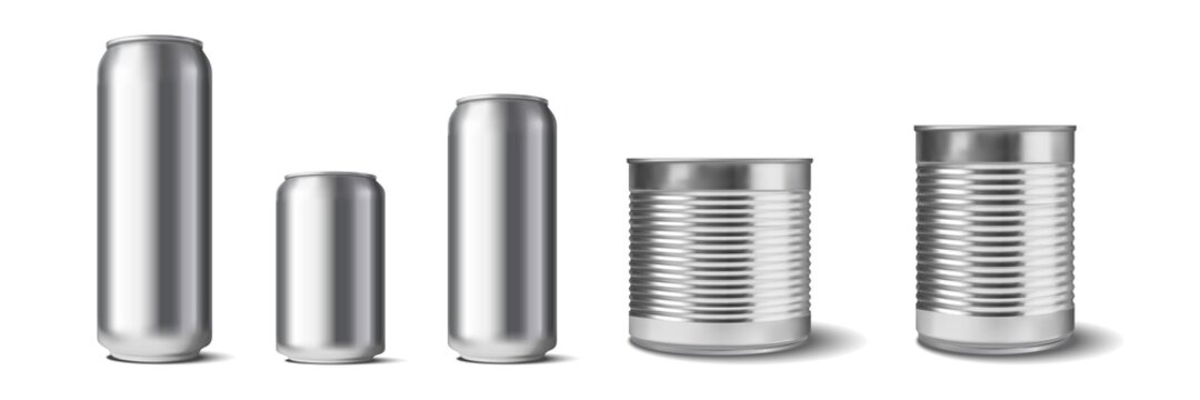 Realistic Aluminium Cans Set. Collection Of Realism Style Drawn Metal Containers Mockups For Drinks Or Beverages. Illustration Of Different Shape Size And Volume Steel Tins For Lemonade Soda Template.