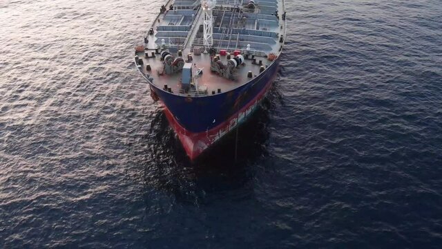 Aerial footage of the bow of the ship.