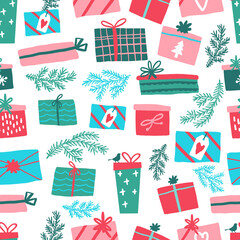 Colorful Vector seamless gift pattern. gift boxes on a white background. Colors boxes with bows and spruce branches.