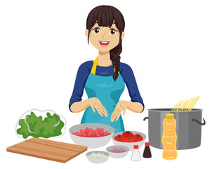 Teen Girl Cooking Ingredients Illustration