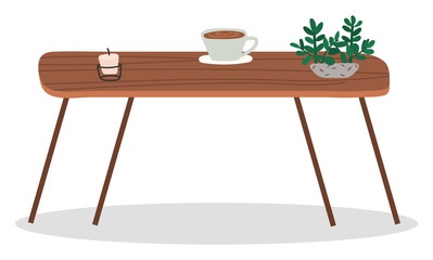 Brown table in coffeehouse or cafe. Wooden surface with coffee cup, houseplant and candle. Place for breakfast in cafeteria, homelike interior. Vector illustration of furniture in flat style