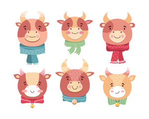 Cute cartoon faces of baby bulls. Symbol of the 2021 new year. Funny ox in scarves, bells and bows. Cartoon character child animal smiles. Kawaii calves. Vector flat illustration in Scandinavian style