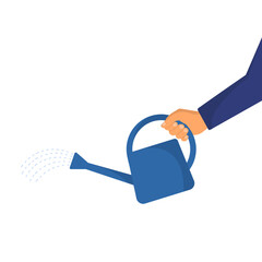Hand holding a watering can isolated on white background. Vector illustration. Flat style