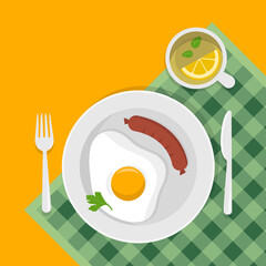 Breakfast with fried eggs, sausage, green parsley leaf on plate, herbal tea with lemon and mint leaf. Fork and knife. Flat style. Vector illustration