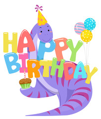 Dinosaur Happy Birthday Hat Balloons Illustration