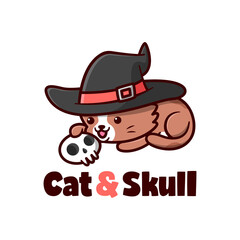 CUTE LITTLE BROWN CAT WEARING WITCH HAT PLAYING WITH SKULL