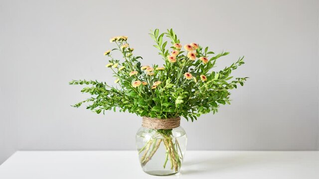 Stop motion. Bouquet 005, step by step installation of flowers in a vase. Flowers bunch, set for home. Fresh cut flowers for decoration home. European floral shop. Delivery fresh cut flower.