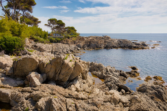 View of the tip of Cala Pedrosa on the coastal path from Sa Conca to Platja d'Aro. Sant Feliu de Guixols, Costa Brava, Catalonia, Spain