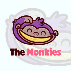 CUTE LITTLE MONKEY SMILING WITH BANANA IN HIS MOUTH CARTOON LOGO