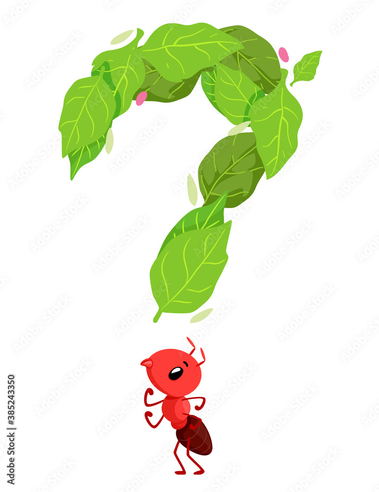 Poster mascot ant question mark leaves illustration