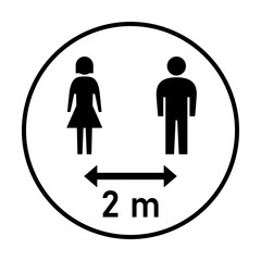 Keep Your Distance 2 m or 2 Metres Round Social Distancing Instruction Sticker Icon with Male and Female Figures. Vector Image.