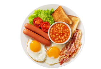 plate of fried eggs with bacon, beans, sausages, toasts and tomatoes isolated on white background