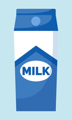 Pack of milk isolated on blue background. Milk packaging. Milky box. Vector illustration of cardboard packaging. Paper box design for dairy product drinks. Useful products when breastfeeding a child