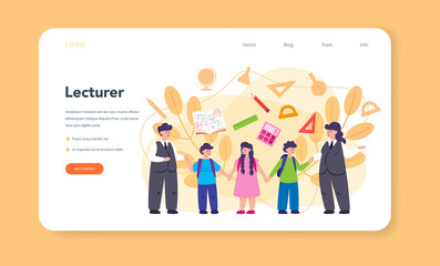 Teacher web banner or landing page. Profesor standing in front