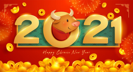 Happy Chinese New Year 2021 celebration design. Year of the Ox. Chinese zodiac (Ox) - the symbol of the year 2021 on the Chinese calendar.