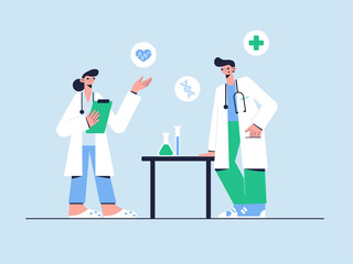 Vector illustration. Medical concept. Doctors experimenting in the laboratory.