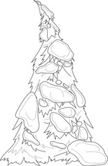 Realistic Christmas New Year winter tree in snow sketch template. Graphic holiday cartoon vector illustration in black and white for games, background, pattern, decor. Coloring paper, page, story book
