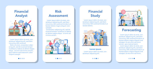 Financial analyst mobile application banner set. Business character