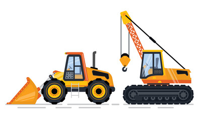 Obraz na płótnie Canvas Machinery for construction vector, equipment for building. Isolated bulldozer and crane with hook to transport and lift heavy items. Machinery for work