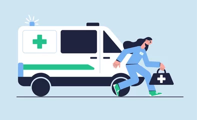 Fototapeten Vector illustration. Medical concept. The doctor rushes to the call. Ambulance car. © bestpixels