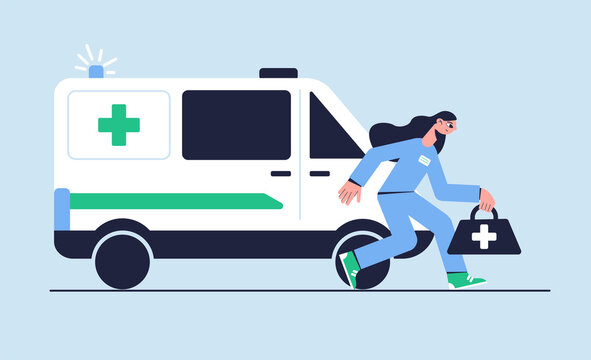 Vector illustration. Medical concept. The doctor rushes to the call. Ambulance car.