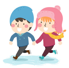 Kids Boy Girl Ice Skating Hold Hands Illustration