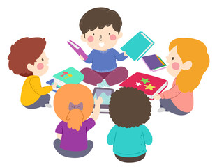 Kids Pick Books To Read Group Illustration