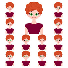 Set of different facial expressions of attractive young woman isolated on white background