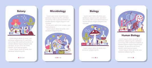 Biology science mobile application banner set. Scientist make