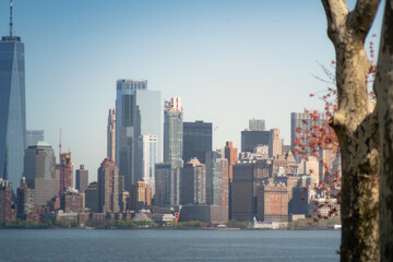 Shot of the skyline of New York City from the Hudson river, with skyscrapers of the downtown district and Wall Street