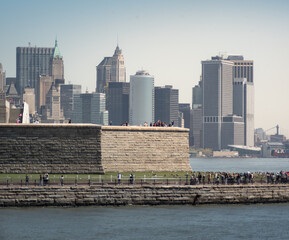 Shot of the skyline of New York City from the Hudson river, with skyscrapers of the downtown district and Wall Street