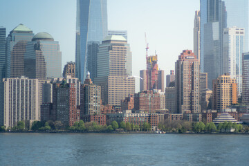 Shot of the skyline of New York City from the Hudson river, with skyscrapers of the downtown district and Wall Street